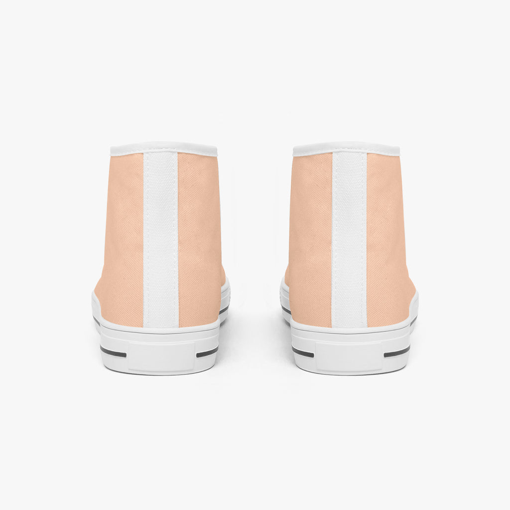 Peach and white high-top canvas sneakers with white rubber soles, viewed from the back.