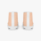 Peach and white high-top canvas sneakers with white rubber soles, viewed from the back.