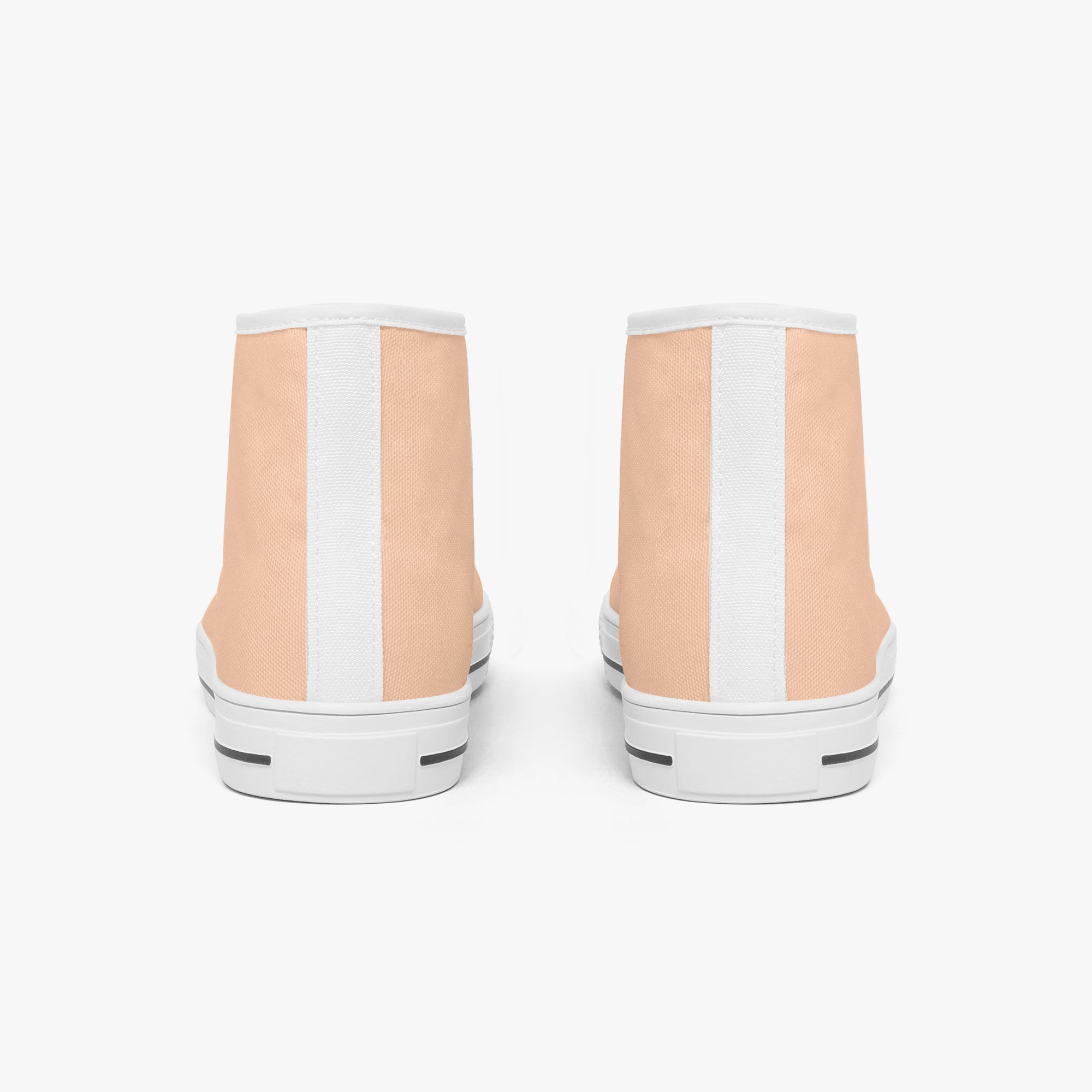 Peach and white high-top canvas sneakers with white rubber soles, viewed from the back.