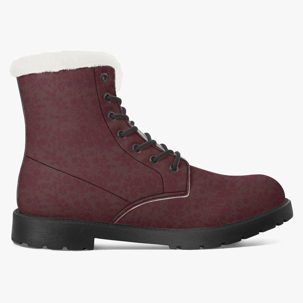 Burgundy velvet damask lace-up boots with white plush faux fur collar and black rubber sole.