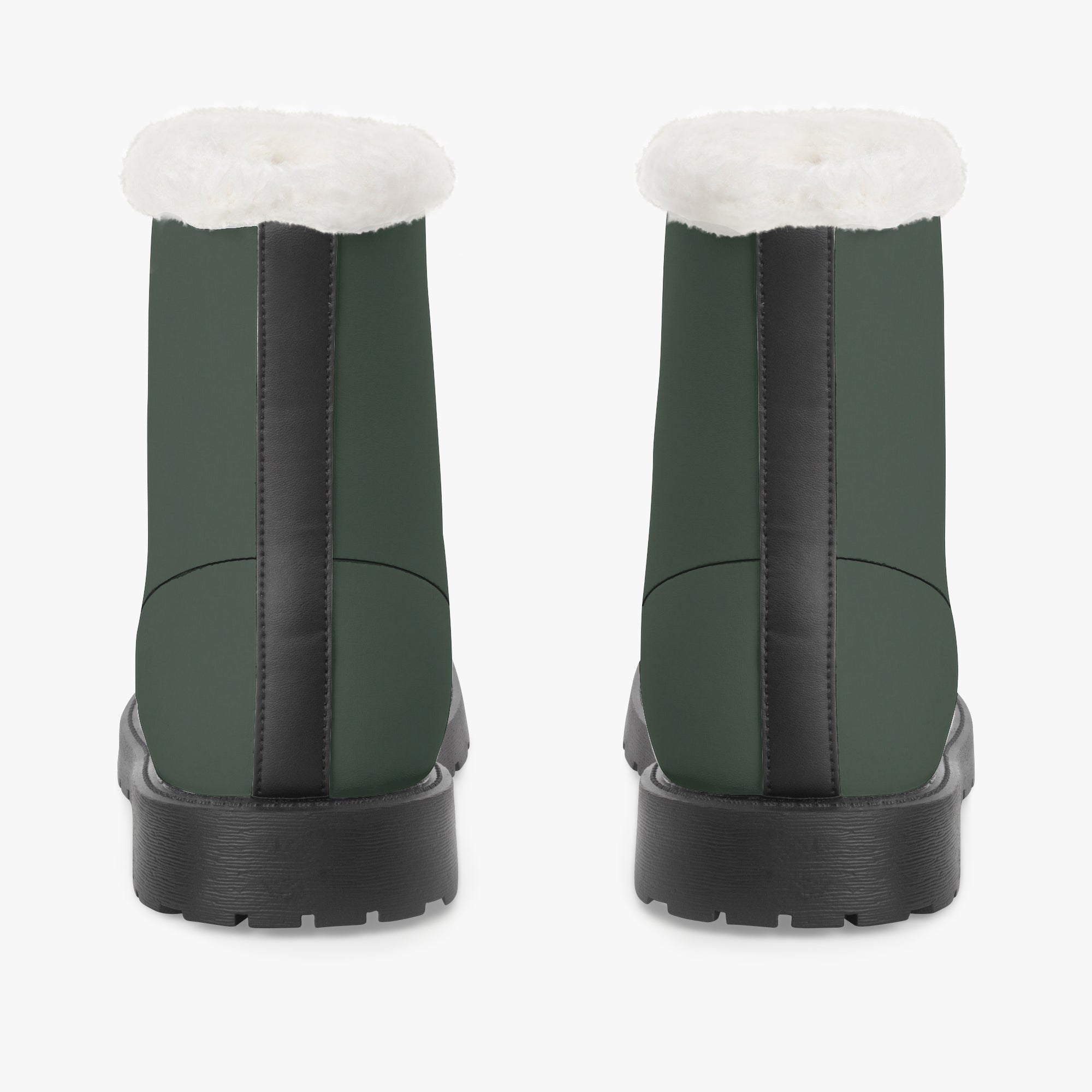 Pair of forest green lace-up boots with plush white faux fur collars and black thick soles, back view.