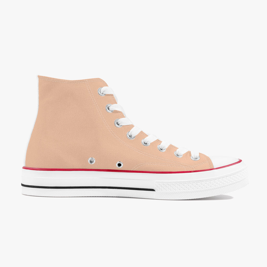Peach high-top canvas sneaker with white laces, white sole, and red trim detail.