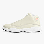 Cream and white high-top leather sneakers with smooth upper and circular holographic detail on ankle.