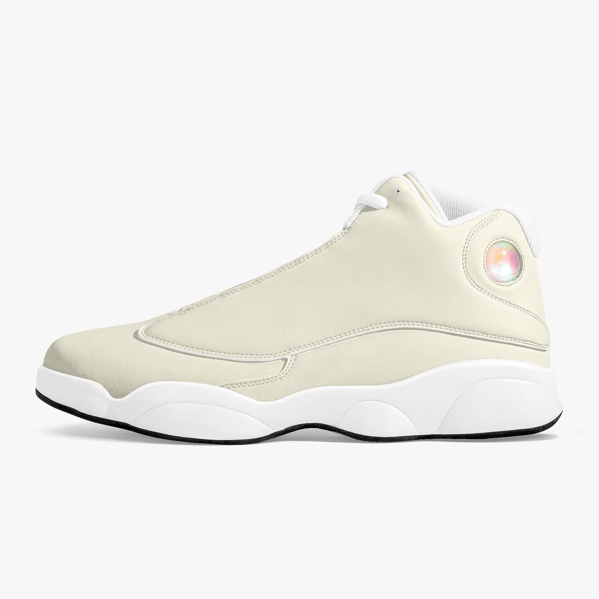 Cream and white high-top leather sneakers with smooth upper and circular holographic detail on ankle.