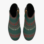 Green, red, and cream festive Christmas sweater ankle boots with chunky black heels and side zippers.