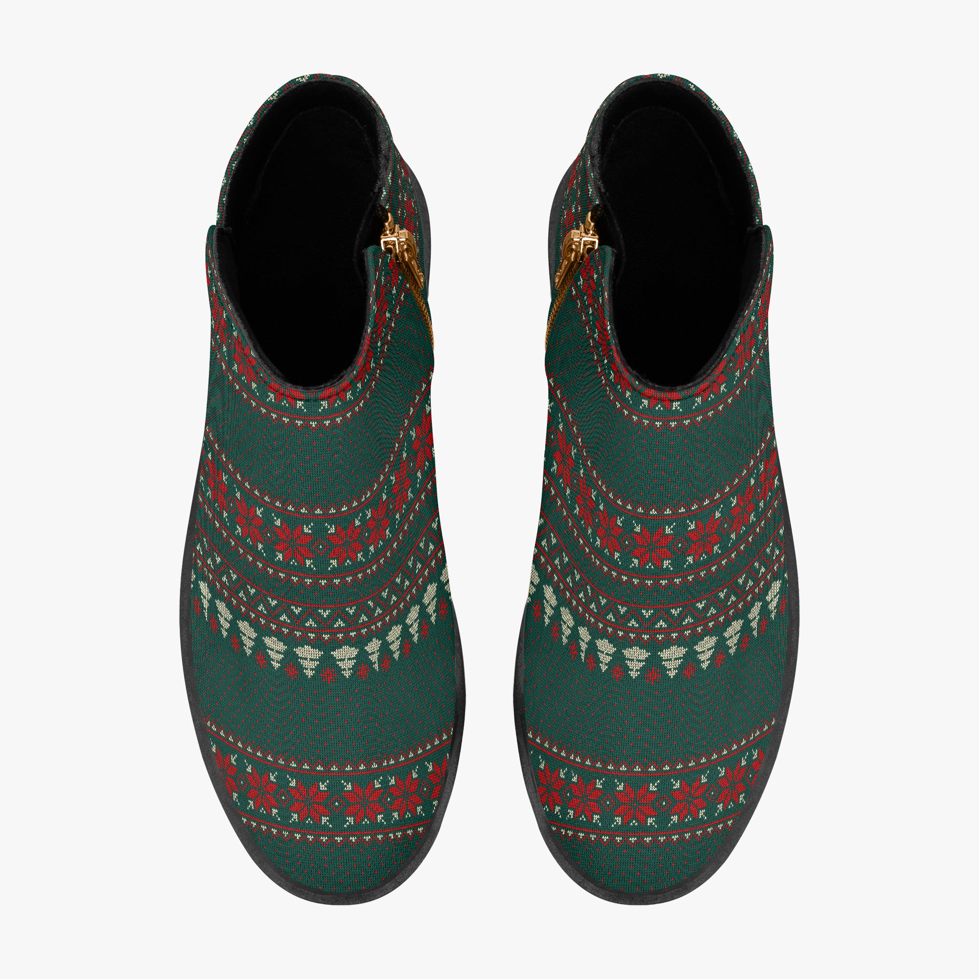 Green, red, and cream festive Christmas sweater ankle boots with chunky black heels and side zippers.