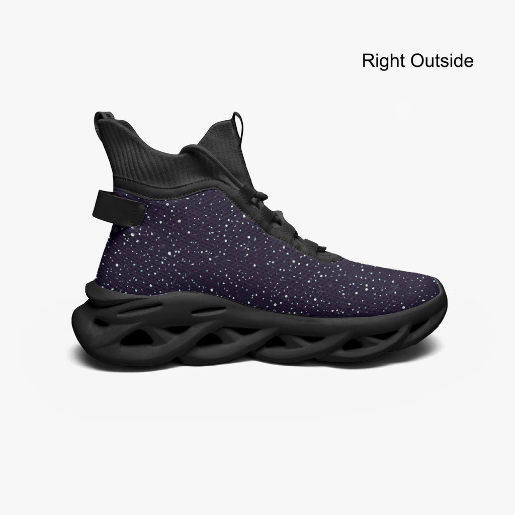 Black high-top mesh knit sneakers with cosmic white speckle pattern and thick sculpted sole.