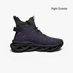 Black high-top mesh knit sneakers with cosmic white speckle pattern and thick sculpted sole.