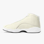 Cream and white high-top leather basketball sneaker with smooth upper and white sole.