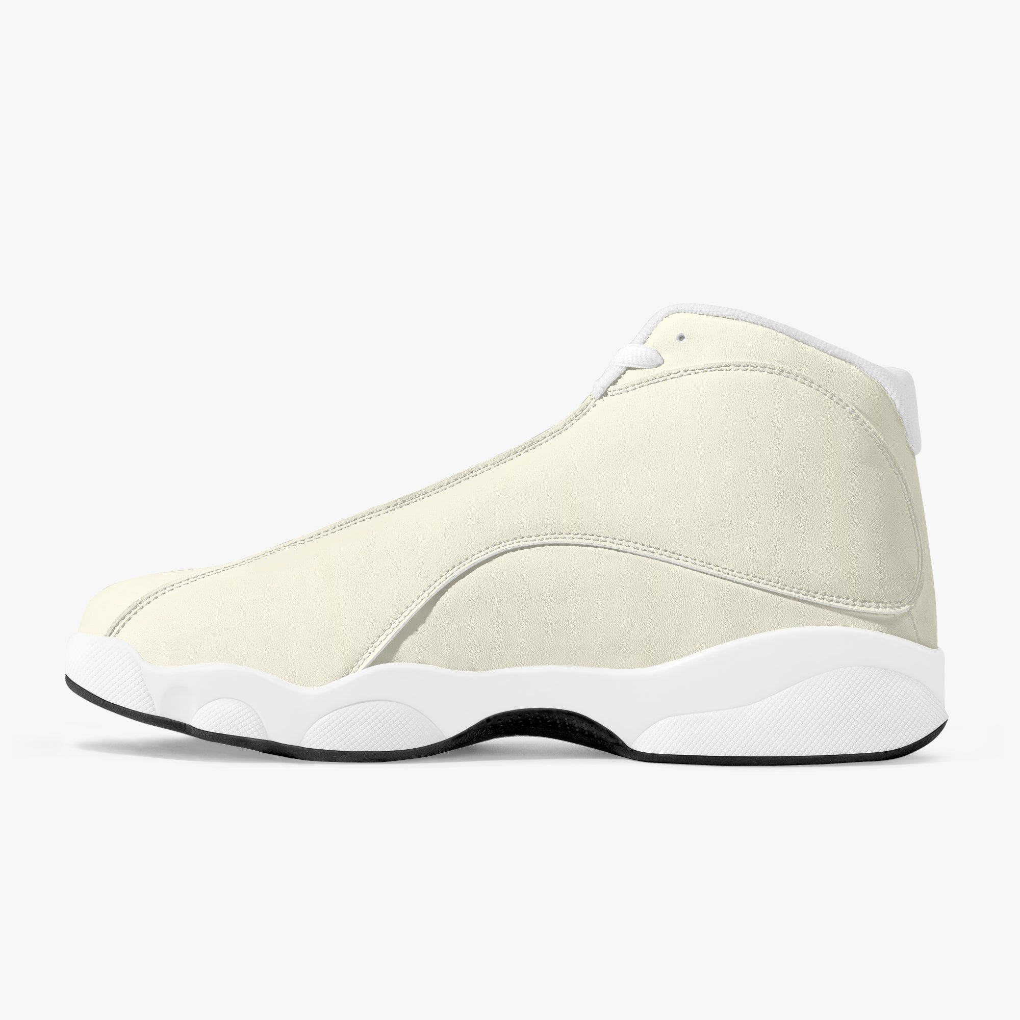 Cream and white high-top leather basketball sneaker with smooth upper and white sole.