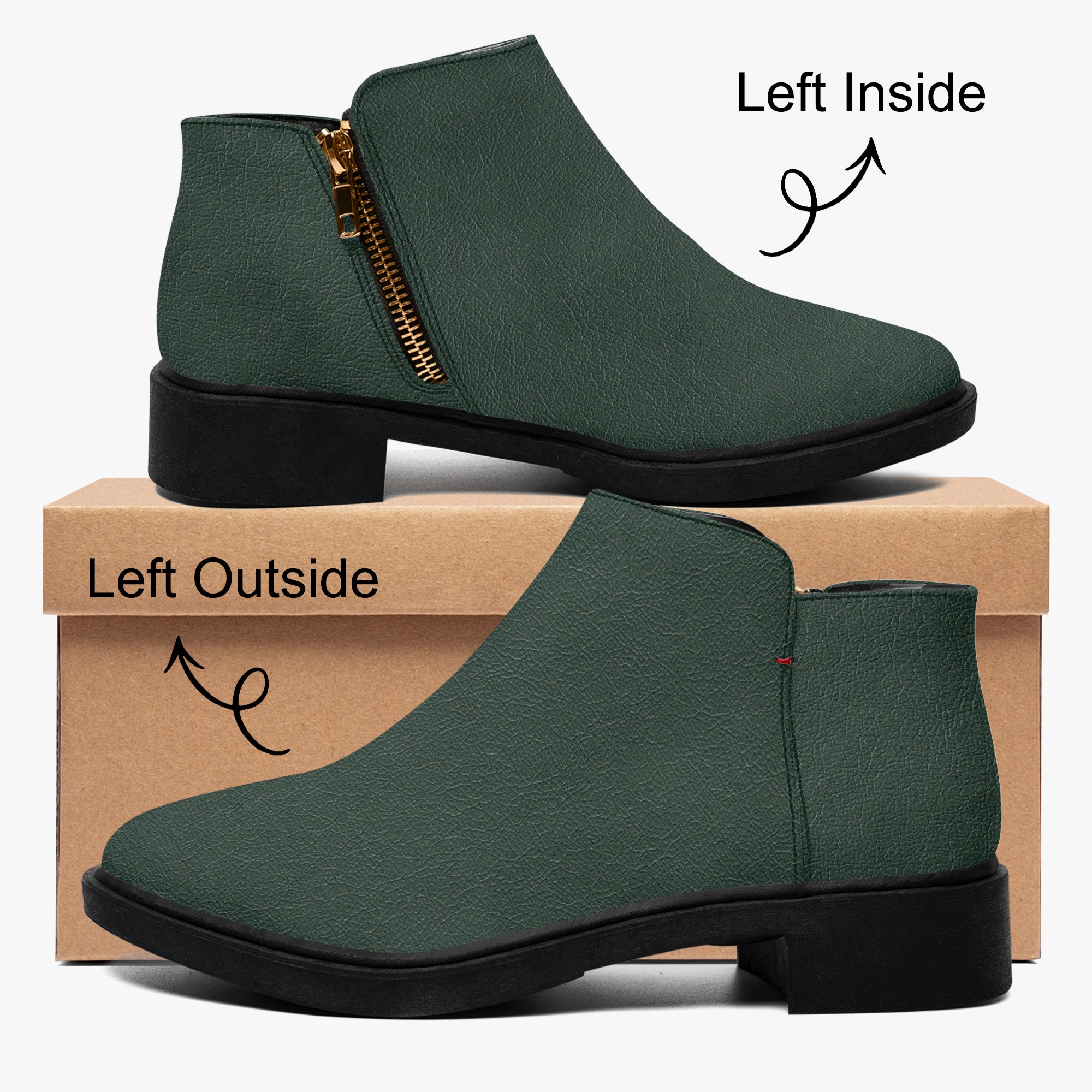 Dark green textured ankle boot with chunky black heel and gold side zipper on brown box.