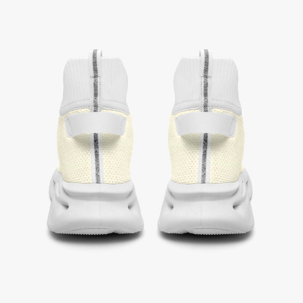 White high-top knit sneakers with thick soles and rear pull tabs, shown from the back.