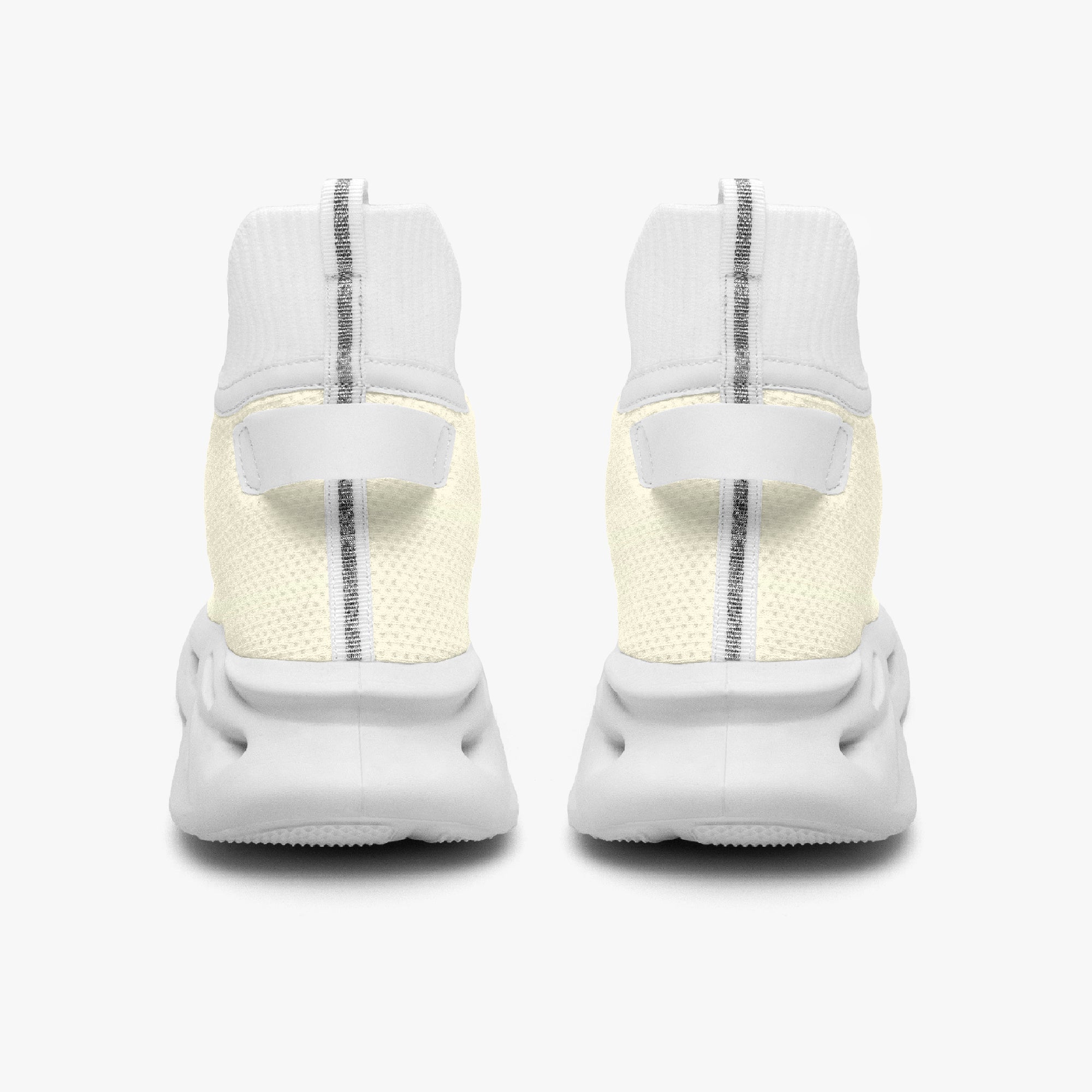 White high-top knit sneakers with thick soles and rear pull tabs, shown from the back.