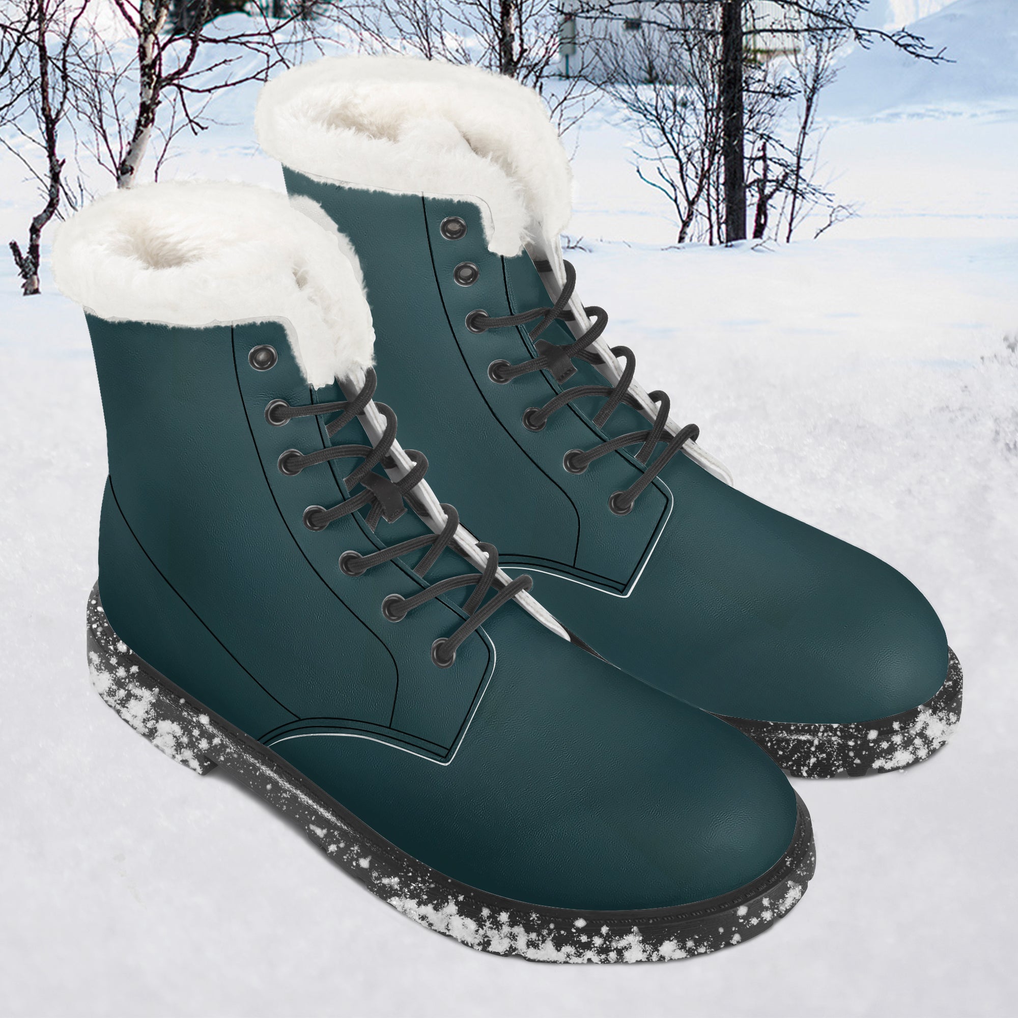 Midnight teal leather lace-up winter boots with plush white faux fur collar and snow-speckled soles.