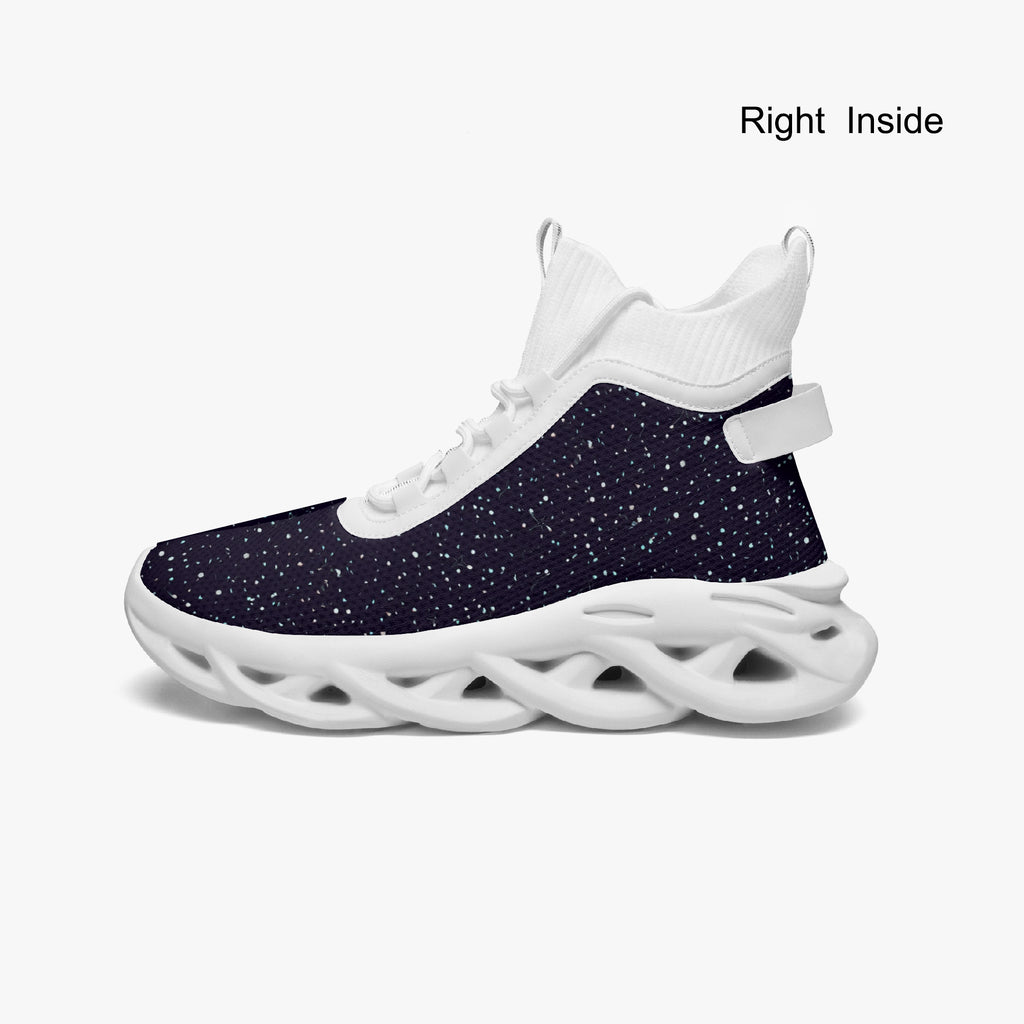 High-top black and white mesh knit sneaker with speckled pattern and thick cushioned sole.