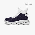 High-top black and white mesh knit sneaker with speckled pattern and thick cushioned sole.