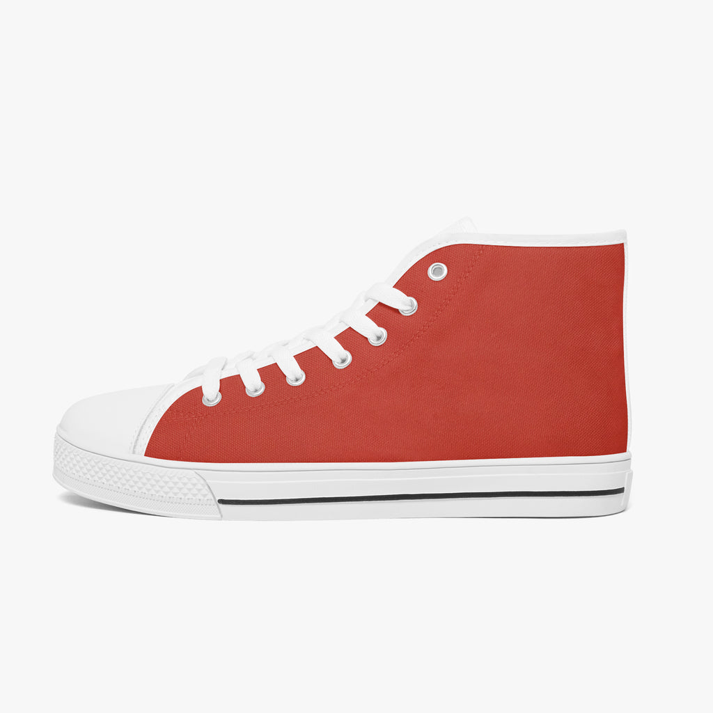 Bold red high-top canvas sneaker with white laces and white rubber sole.