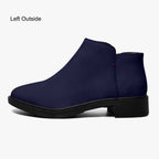 Navy blue slip-on bootie with chunky black heel and subtle red accent stitch on side.