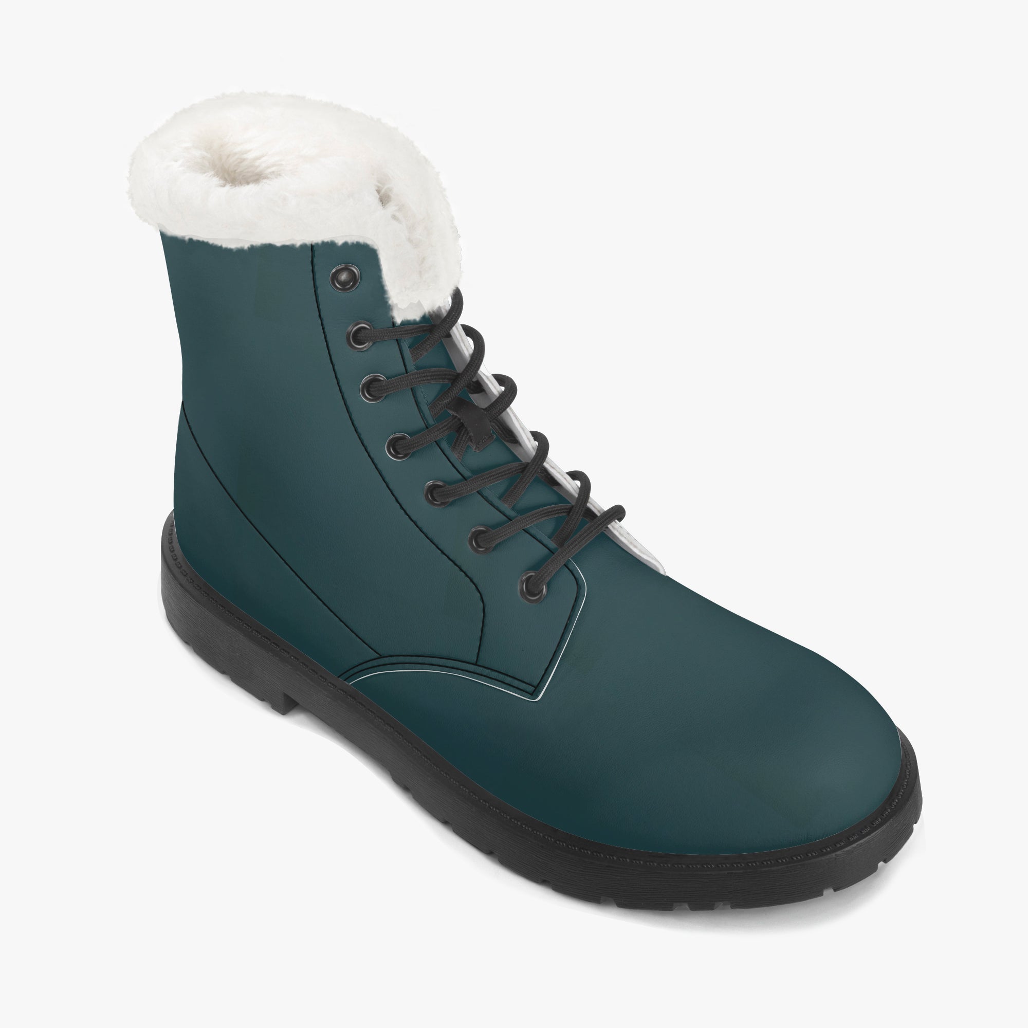 Midnight teal leather lace-up boot with plush white faux fur collar and black sole.