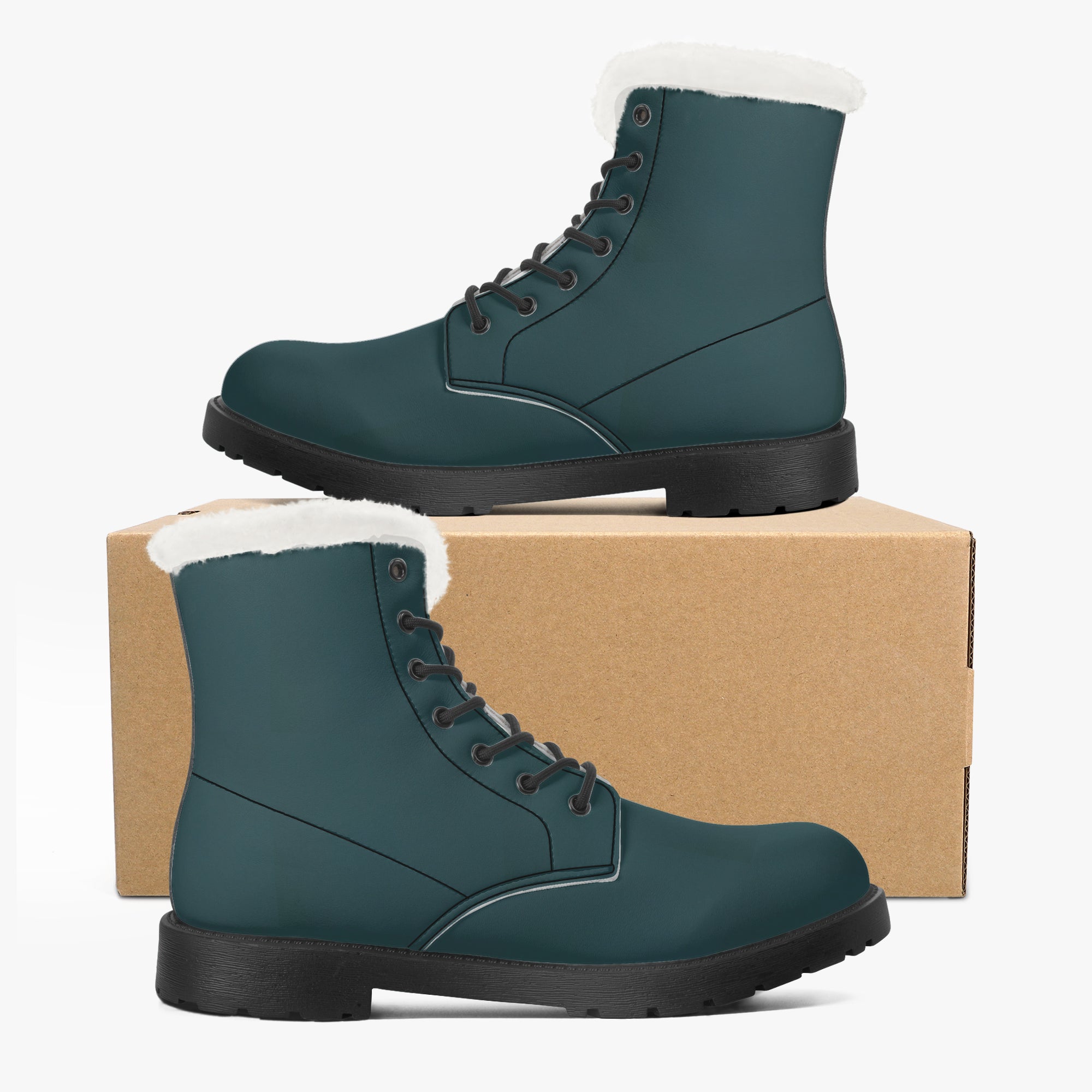 Midnight teal faux leather lace-up boots with plush white faux fur collar and black rubber sole.