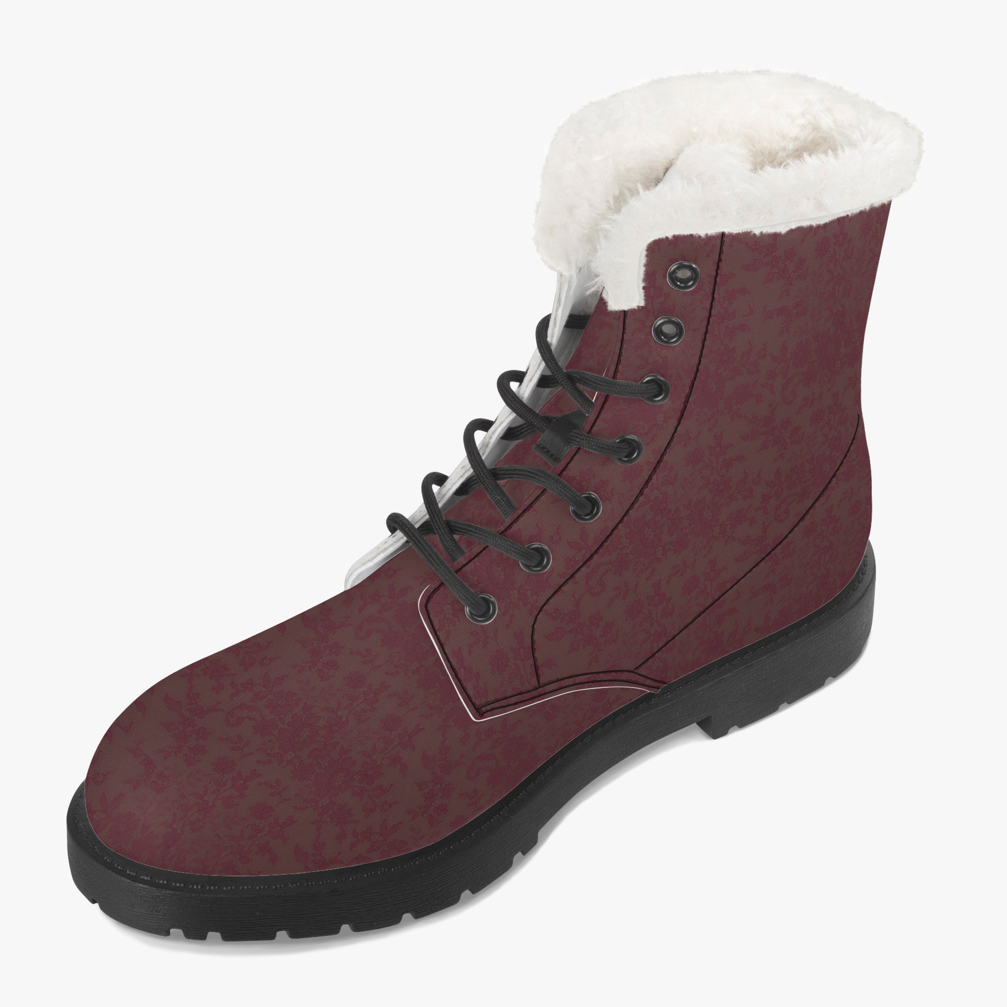 Burgundy velvet lace-up boots with damask pattern and white plush faux fur collar.