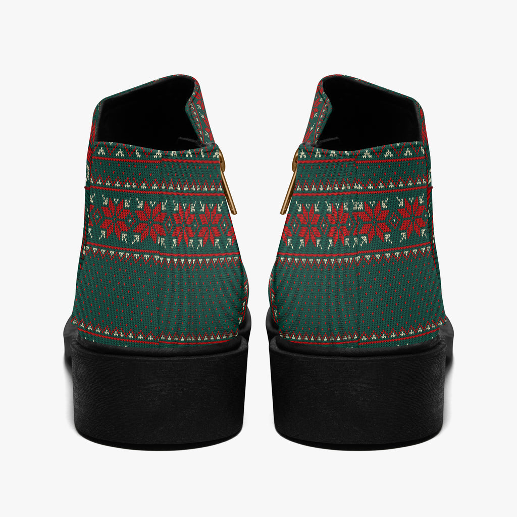 Green, red, and cream festive knit ankle boots with chunky black heel and side zipper.