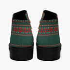 Green, red, and cream festive knit ankle boots with chunky black heel and side zipper.