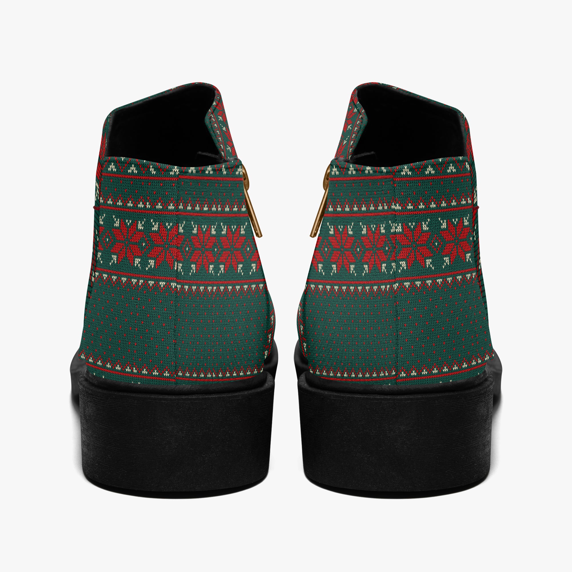 Green, red, and cream festive knit ankle boots with chunky black heel and side zipper.