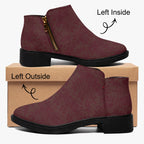 Burgundy floral lace slip-on bootie with chunky black heel and gold zipper detail.