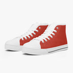 Bold red and white high-top canvas sneakers with white laces and rubber soles.