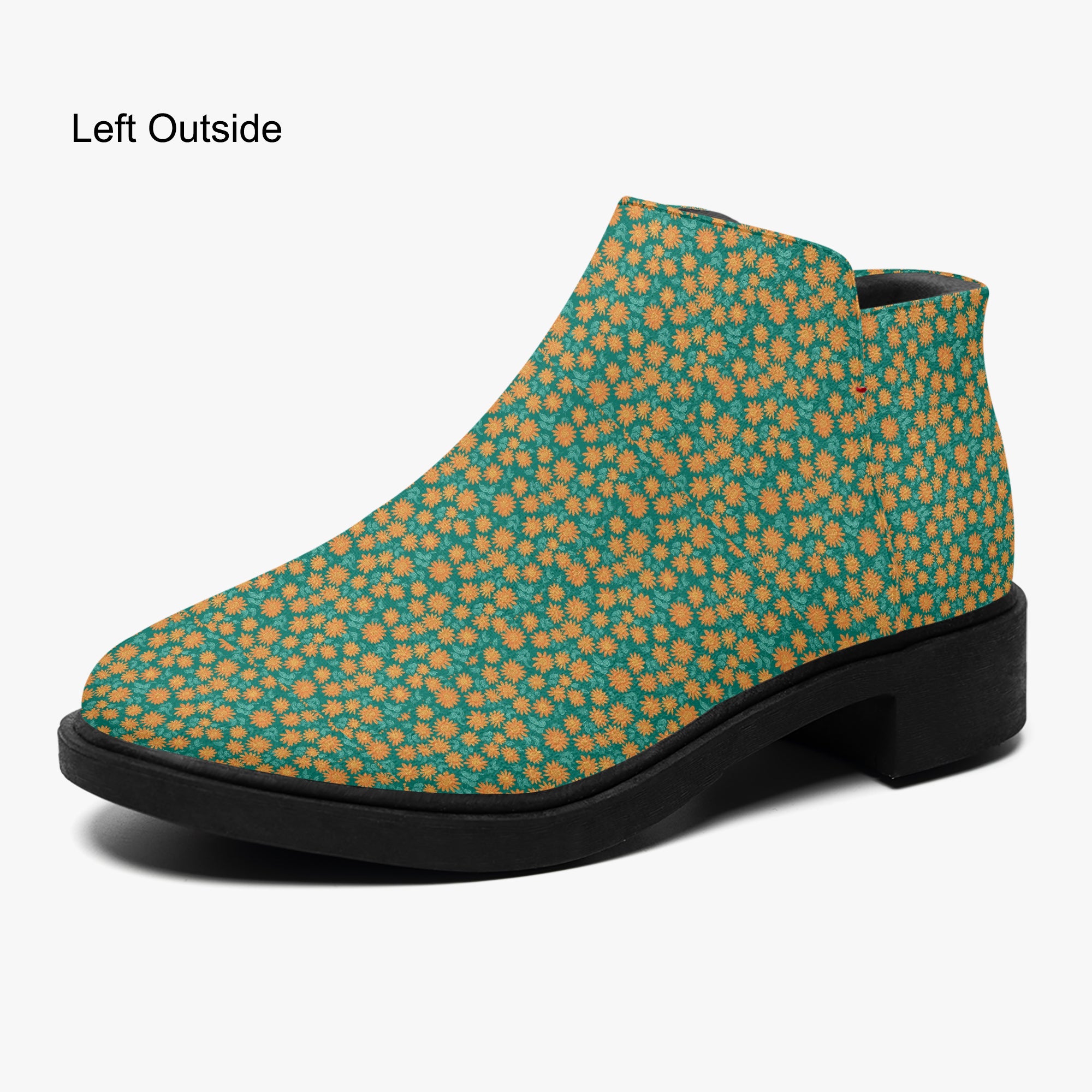 Teal ankle boot with orange floral print, chunky black heel, and side zipper.