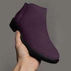 Deep plum slip-on bootie with chunky black heel and subtle red accent stitching.