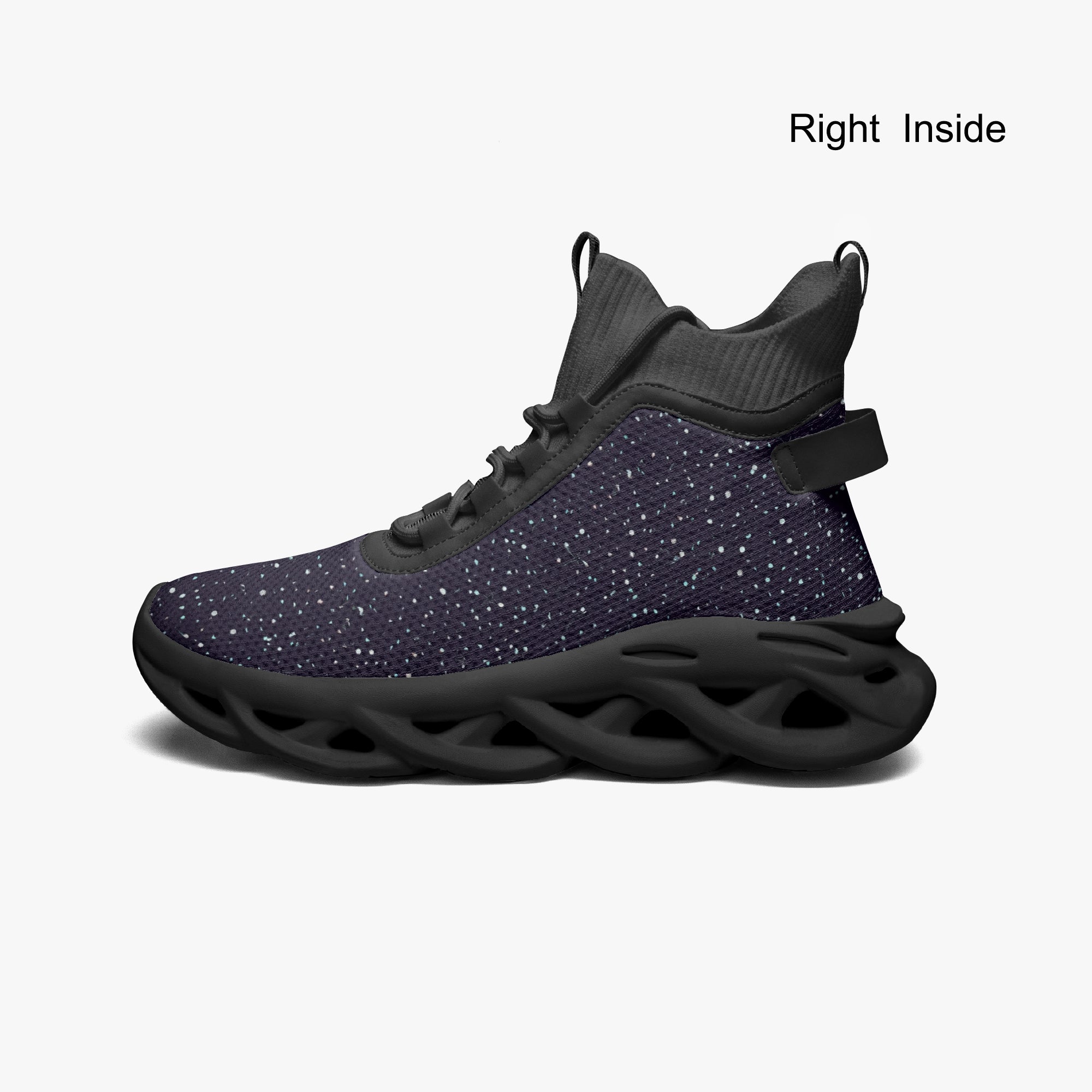 Black high-top sneakers with speckled knit upper and chunky sculpted sole.