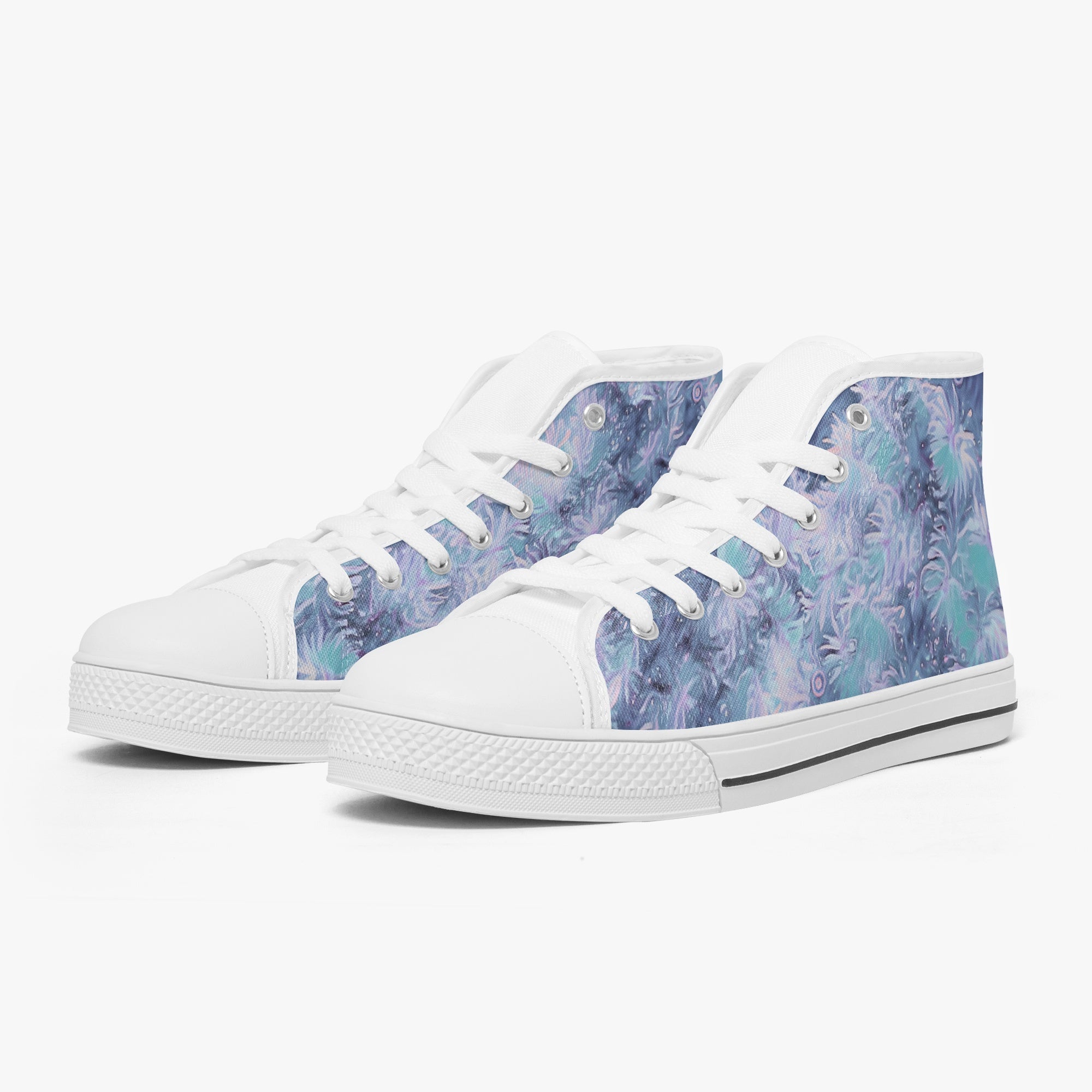 White high-top sneakers with blue and purple floral design, white soles and laces.