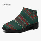 Green Christmas sweater ankle boot with red and cream fair isle pattern, black chunky heel, side zipper.