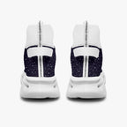 High-top black mesh knit sneakers with white speckle pattern and thick white sole, back view.