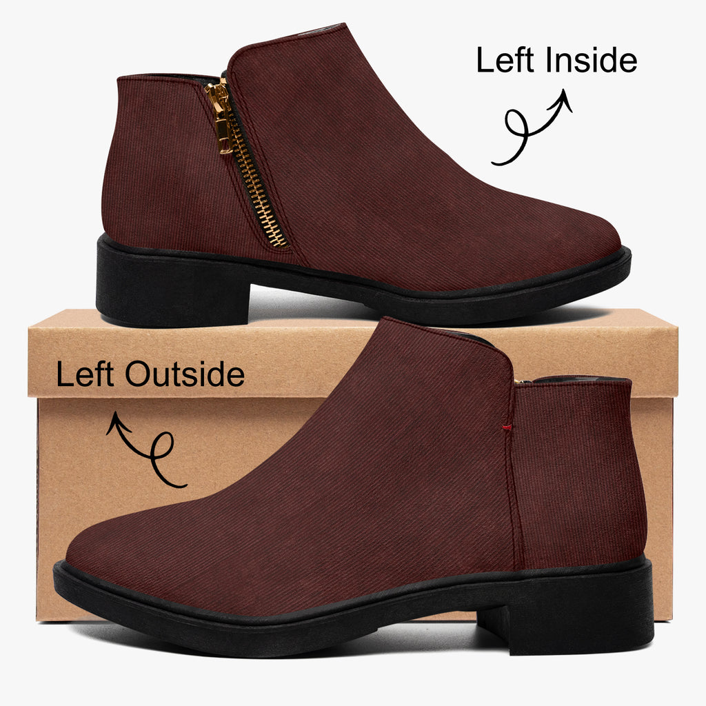 Burgundy corduroy ankle boots with chunky black heel and side zipper on matte finish.