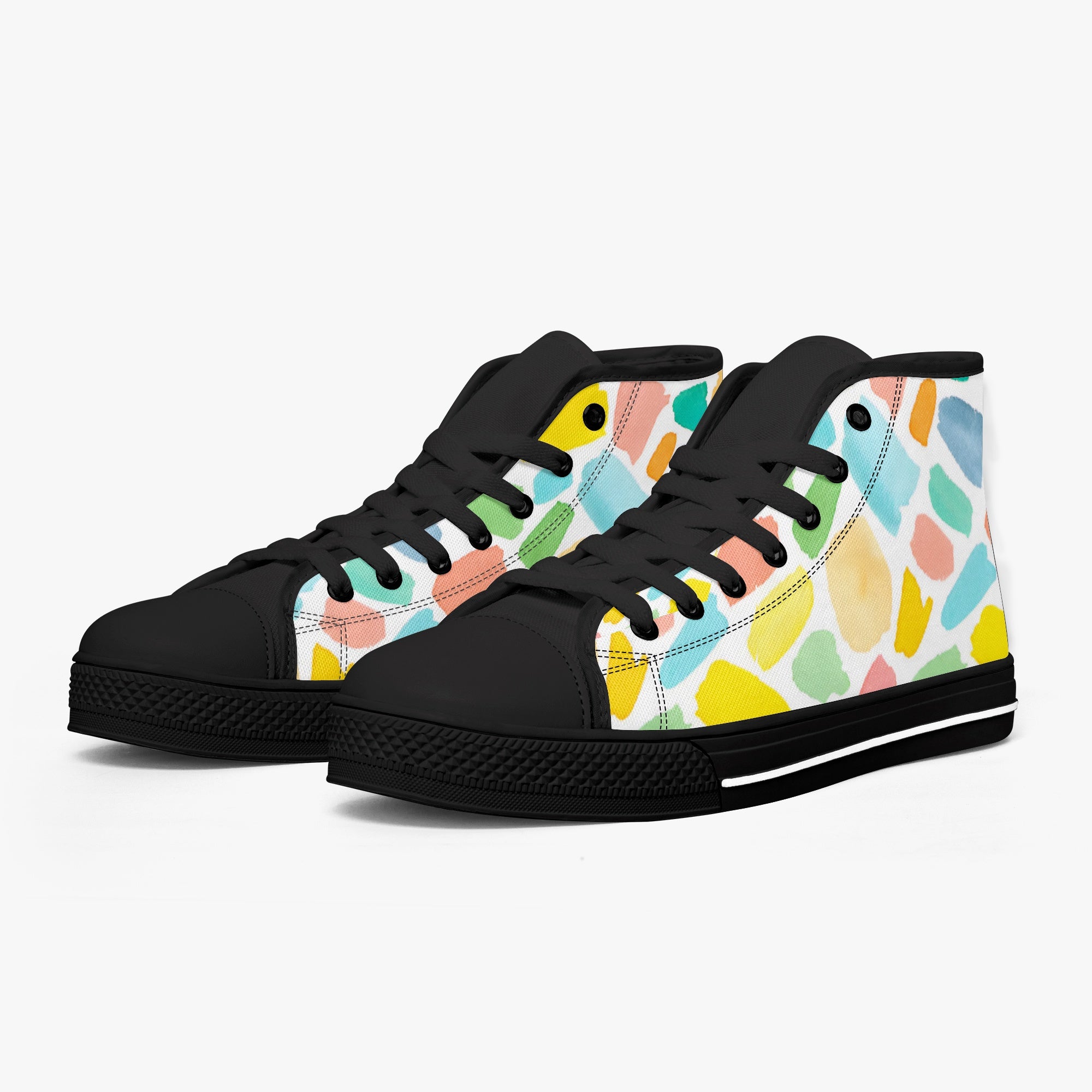 Black high-top sneakers with colorful mosaic pattern on sides and black laces.