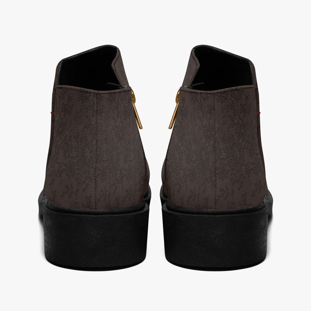 Dark brown floral lace ankle boots with chunky black heels, back view showing gold zippers.