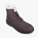 Plum pebbled leather lace-up boot with plush white faux fur collar and black sole.
