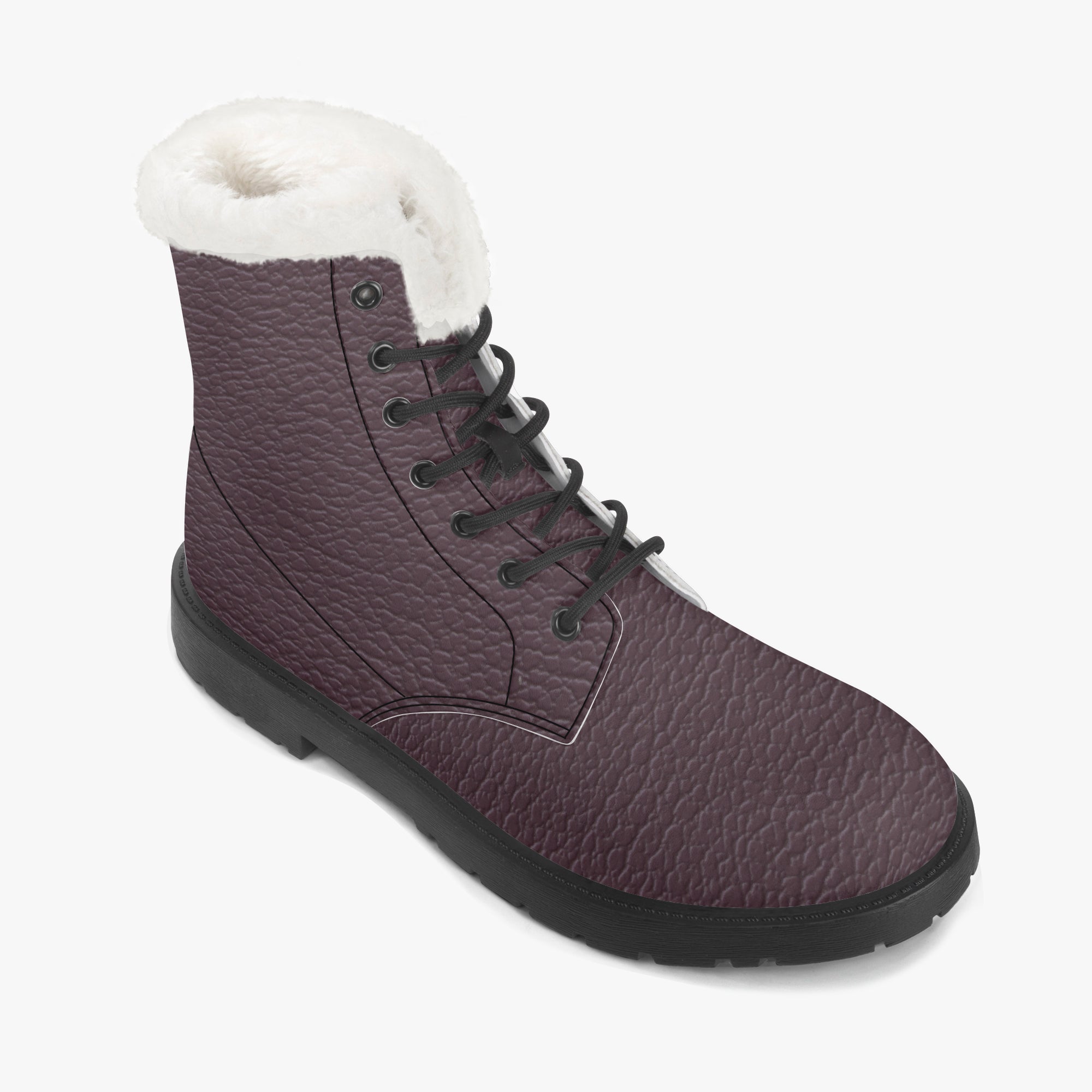 Plum pebbled leather lace-up boot with plush white faux fur collar and black sole.