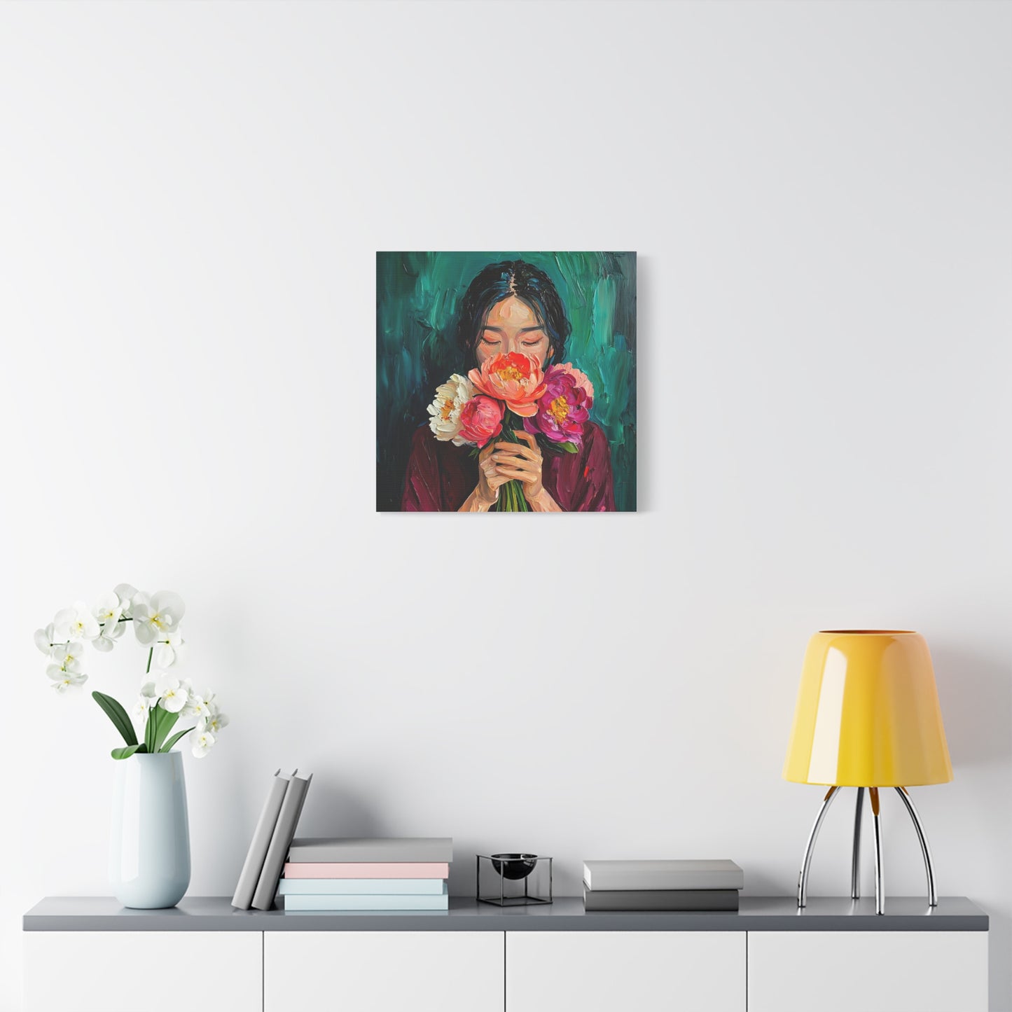 Floral Canvas Art Print, Original Flower Painting, Home Decor, Gift for Art Lovers, Woman with Flowers Wall Art