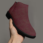 Burgundy floral lace slip-on bootie with chunky black heel and red accent stitching.
