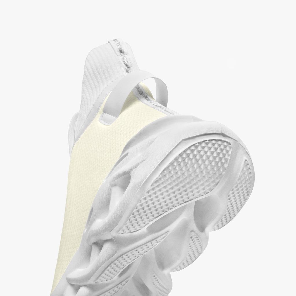 High-top white knit sneakers with textured sole and sock-like ankle collar.