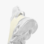 High-top white knit sneakers with textured sole and sock-like ankle collar.