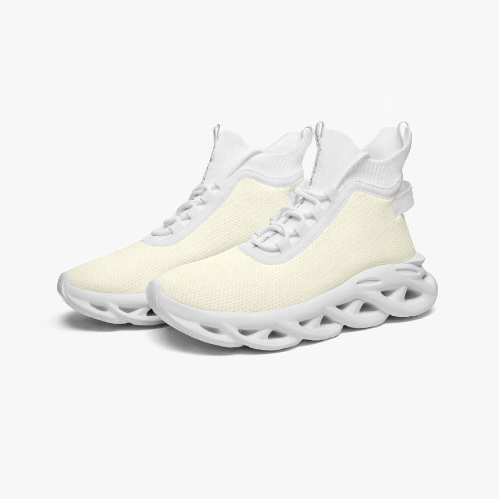 White high-top knit sneakers with thick, sculpted sole and lace-up front.