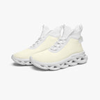 White high-top knit sneakers with thick, sculpted sole and lace-up front.