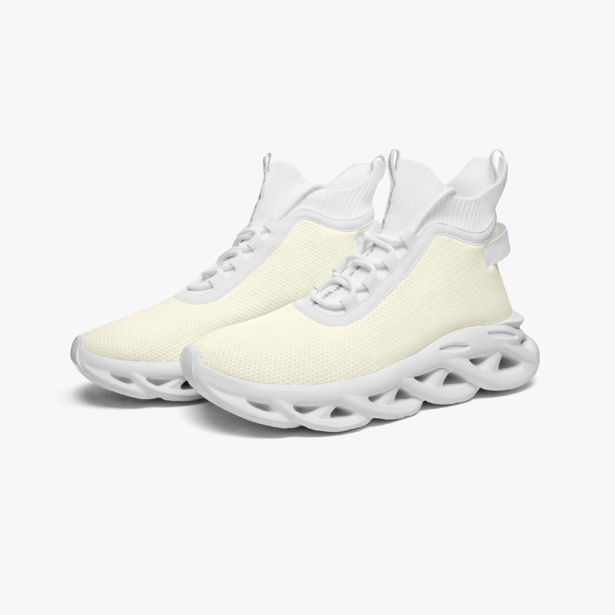 White high-top knit sneakers with thick, sculpted sole and lace-up front.