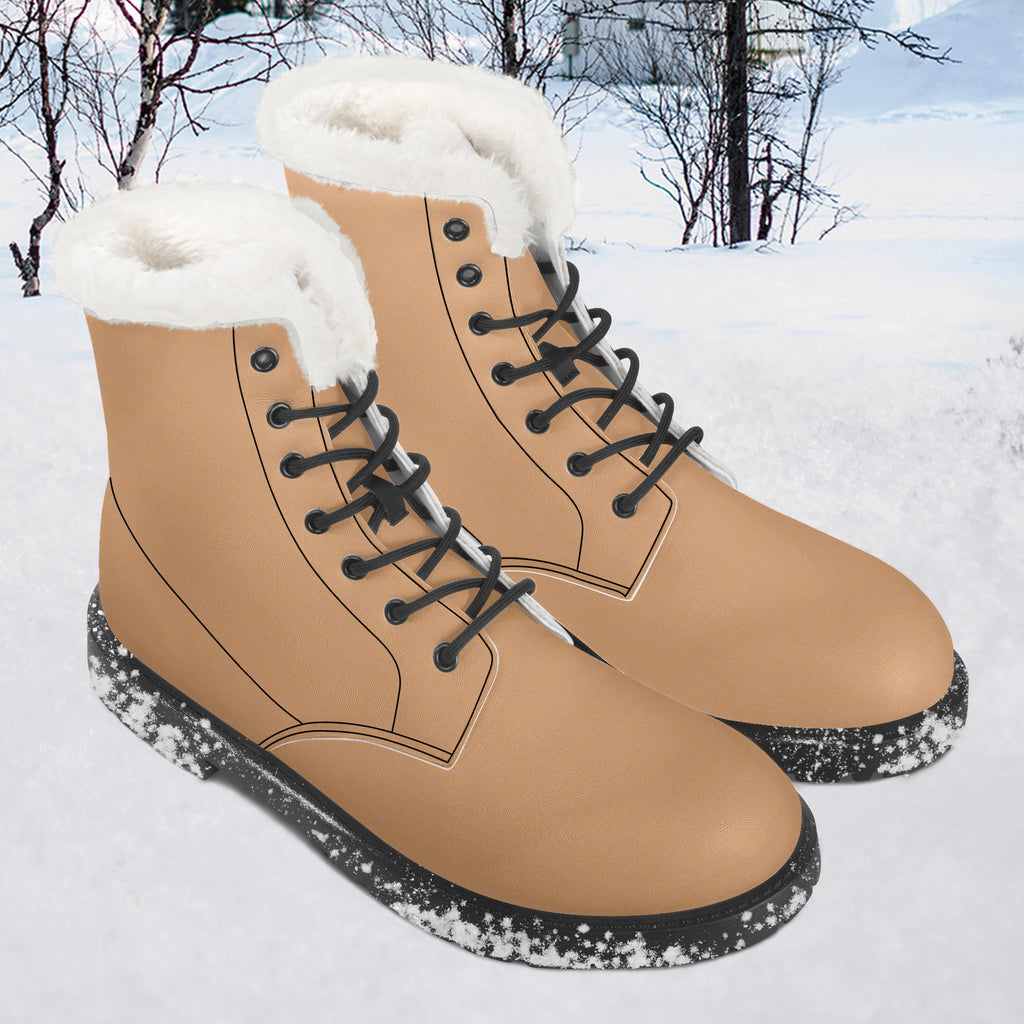 Camel-colored faux leather lace-up winter boots with plush white faux fur collar and black speckled soles.