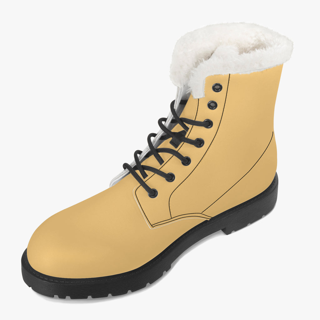 Sunny mustard leather lace-up winter boot with black sole and white plush faux fur collar.